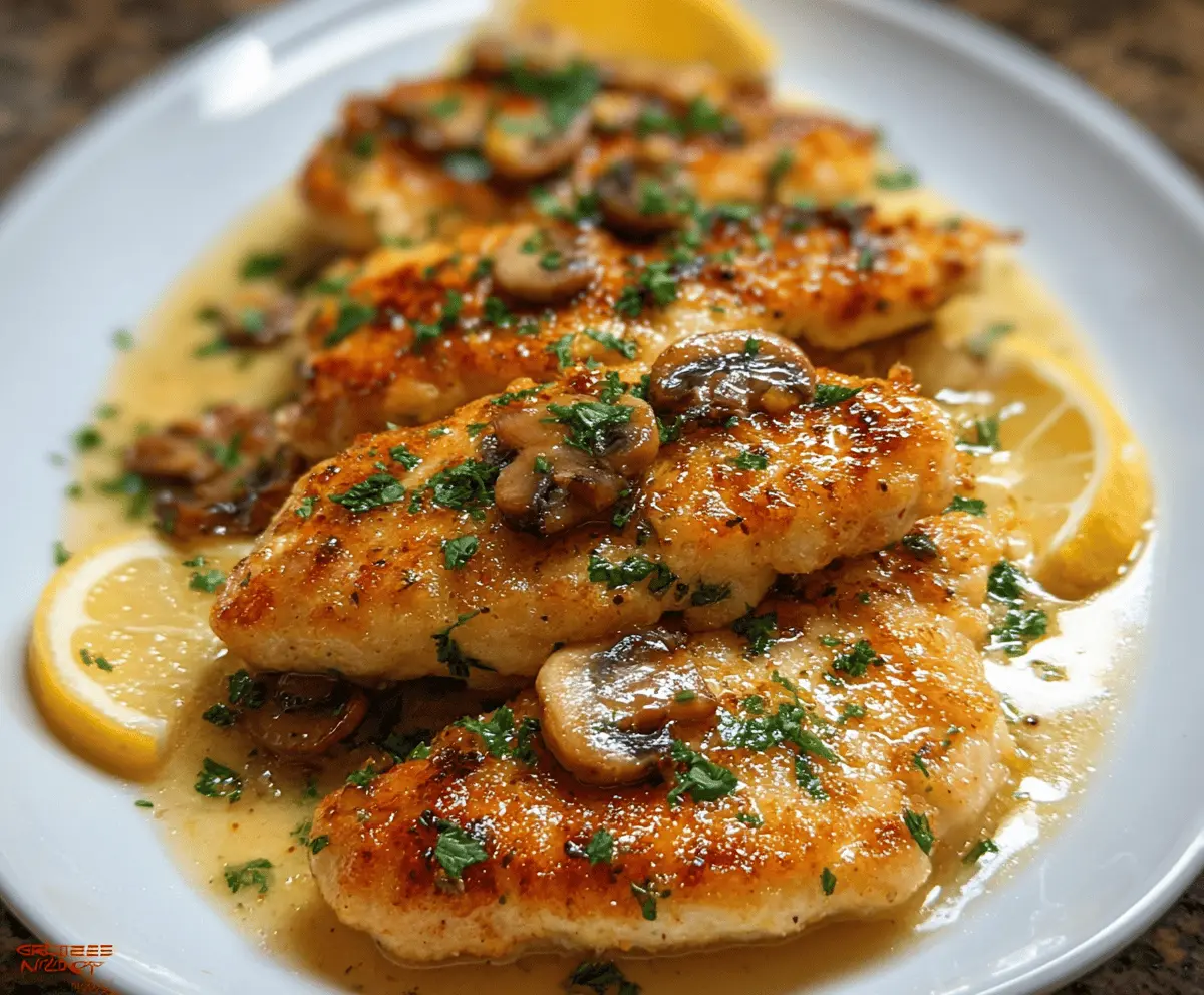 Delicious chicken scallopini dish served with lemon and herbs on a white plate.