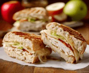 Delicious Turkey & Apple Panini with melted cheese and fresh ingredients on toasted bread.