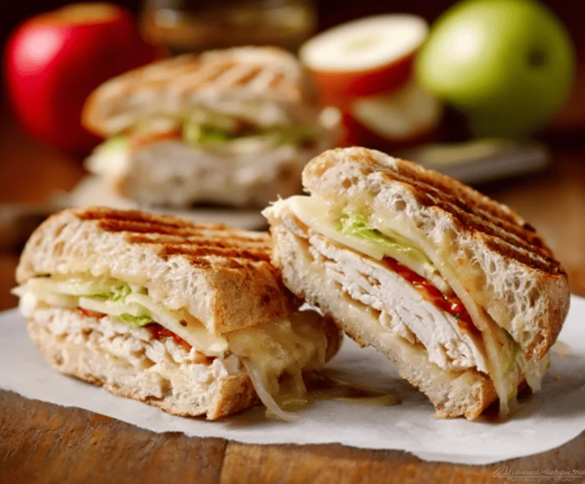 Delicious Turkey & Apple Panini with melted cheese and fresh ingredients on toasted bread.