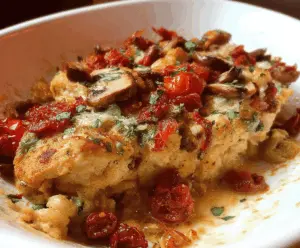 Delicious Tuscan Chicken Casserole with herbs and melted cheese served in a baking dish