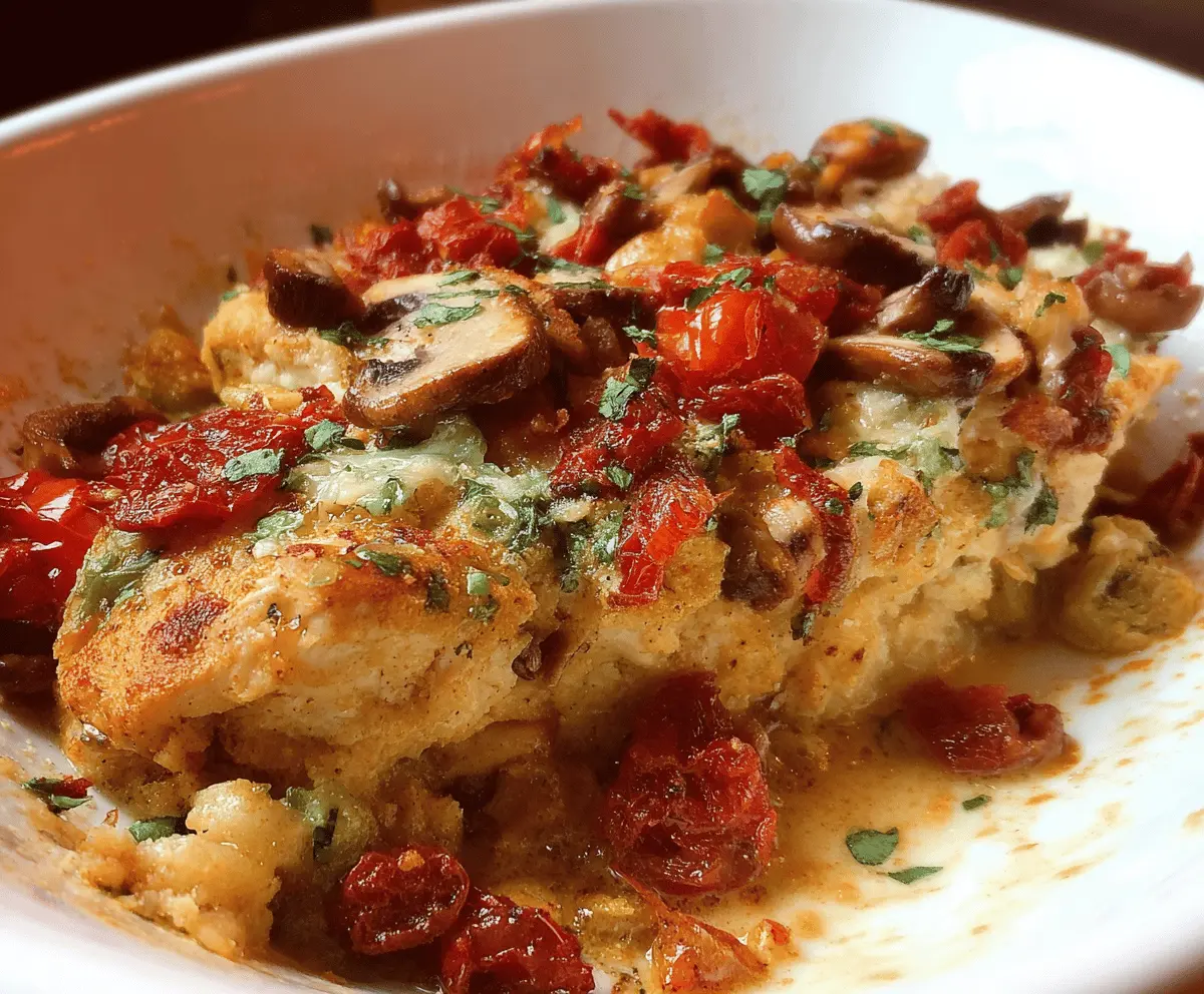 Delicious Tuscan Chicken Casserole with herbs and melted cheese served in a baking dish