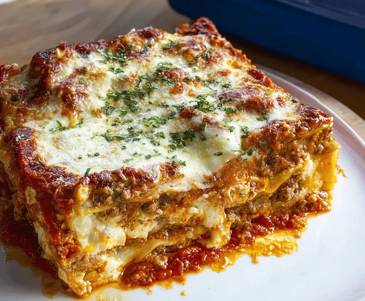 Delicious layers of homemade lasagna with rich tomato sauce, melted cheese, and fresh herbs in a baking dish.