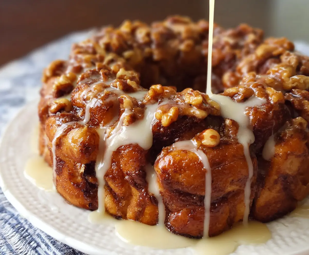 Delicious Apple-Walnut Cinnamon Roll Monkey Bread topped with caramel and served warm.