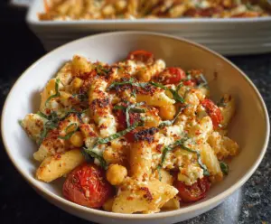 Delicious baked feta pasta with chickpeas in a rustic serving dish
