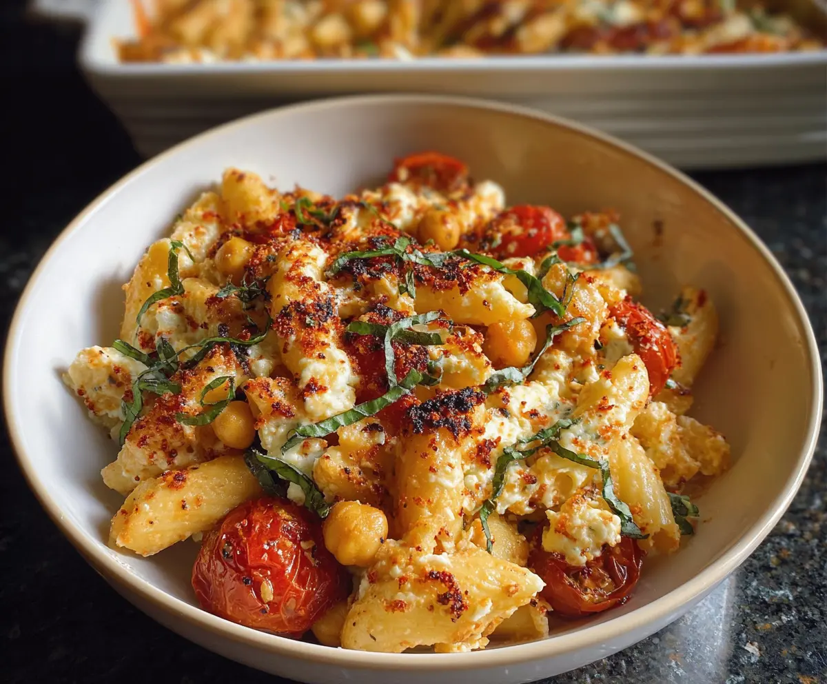 Delicious baked feta pasta with chickpeas in a rustic serving dish