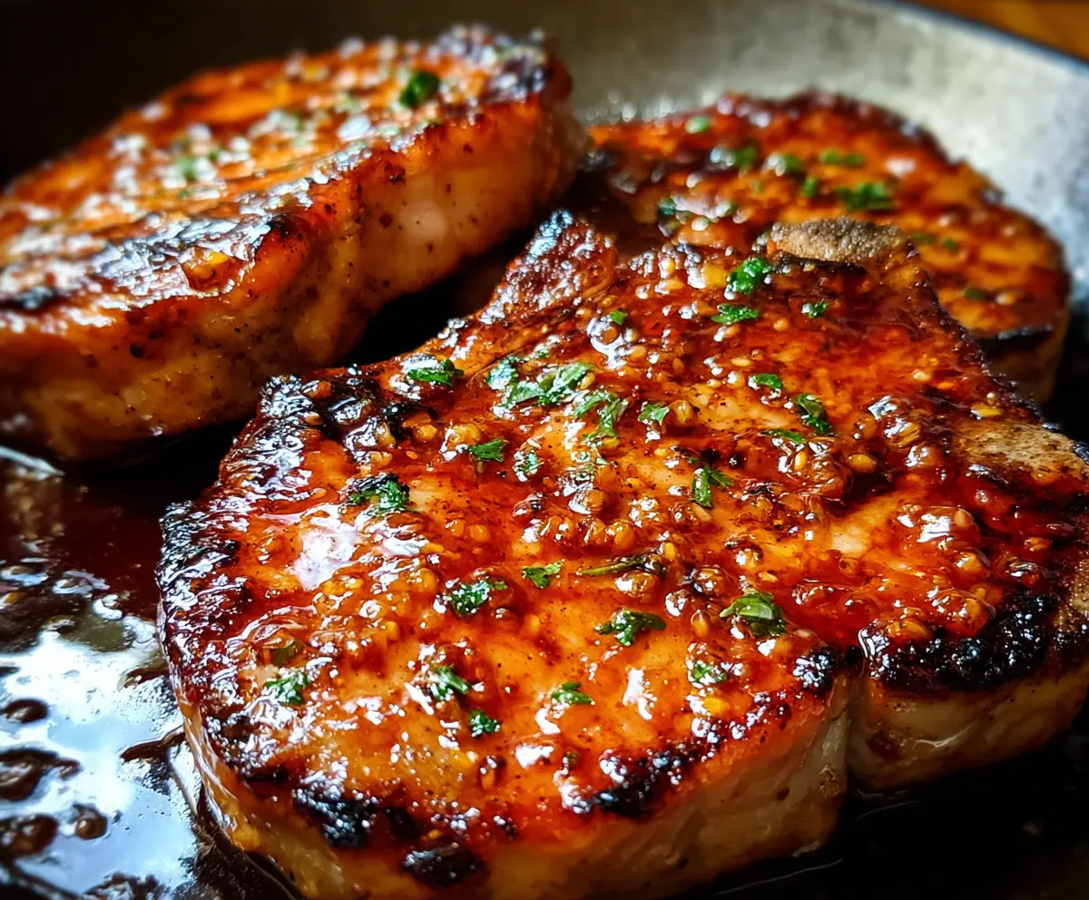 Delicious honey garlic pork chops served on a plate, glazed with a shiny honey garlic sauce, garnished with fresh herbs.