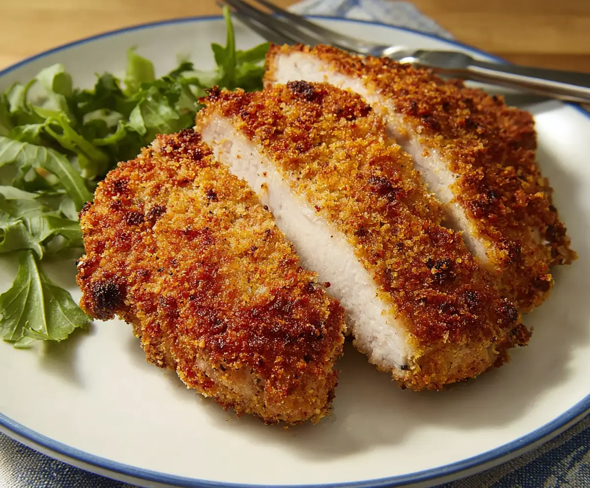 Crispy breaded air fryer pork chops served on a plate with fresh vegetables
