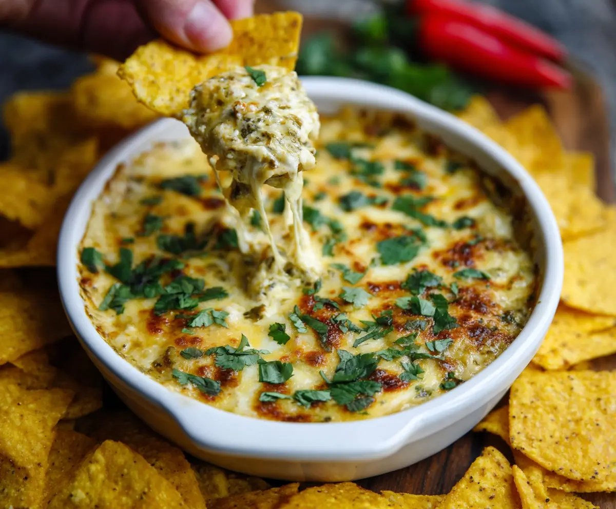 Delicious cheesy salsa verde dip served in a bowl, perfect for nachos and chips.