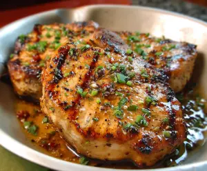 Juicy Chesapeake Bay Pork Chops served with fresh herbs and side vegetables.