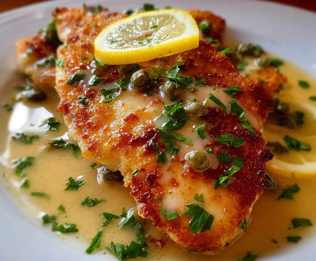 Juicy Chicken Piccata garnished with fresh lemon slices and parsley, served on a white plate.