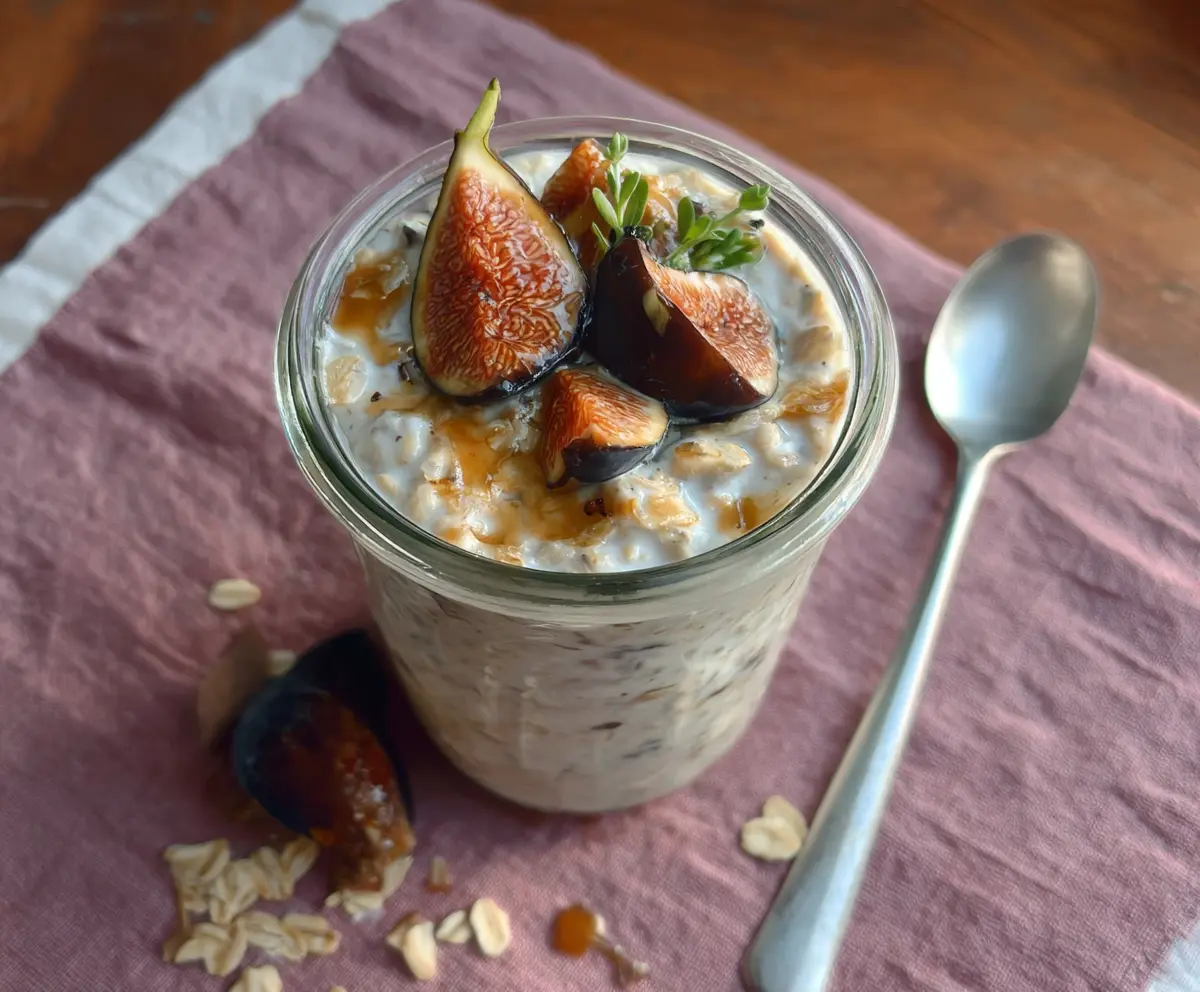 Creamy Coconut Fig Overnight Oats topped with fresh figs and shredded coconut for a healthy breakfast.