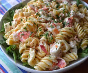 Delicious Crab Pasta Salad with fresh vegetables and herbs, served cold for a refreshing seafood appetizer.