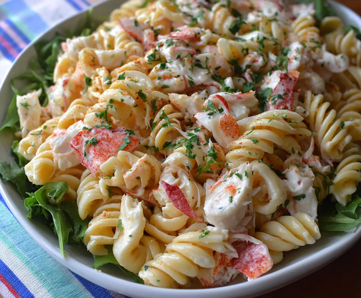 Delicious Crab Pasta Salad with fresh vegetables and herbs, served cold for a refreshing seafood appetizer.