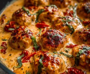 Delicious Creamy Marry Me Chicken Meatballs served on a white plate with fresh herbs.