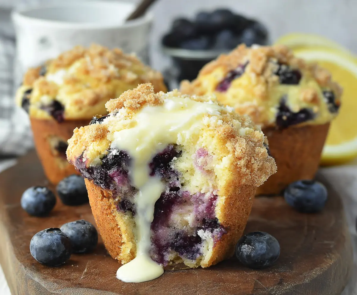 Freshly baked blueberry muffins with creamy cheese filling on a baking tray.