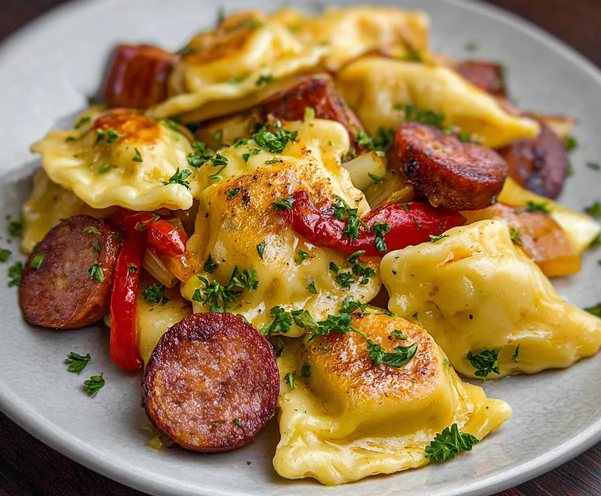 Delicious easy sheet pan pierogies with kielbasa garnished with fresh herbs.