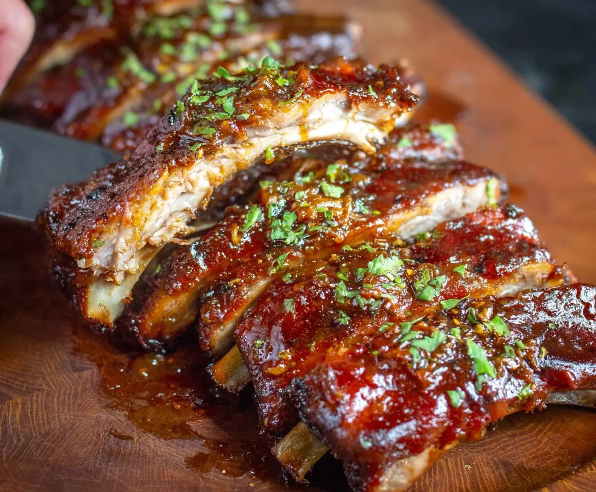 Juicy fall-off-the-bone ribs glazed with barbecue sauce on a grill