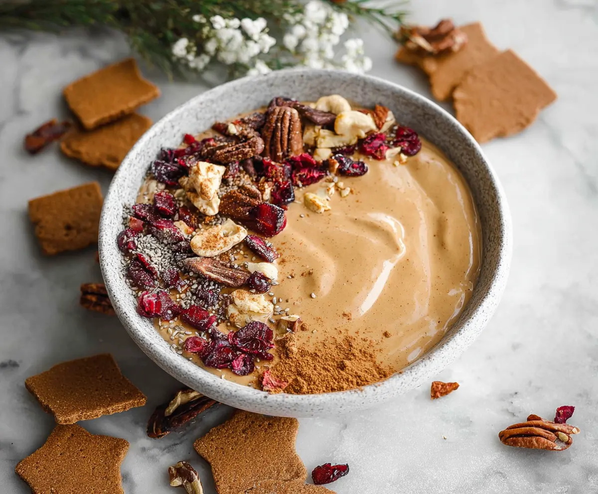 Delicious Gingerbread Smoothie Bowl with spices and toppings for a festive breakfast