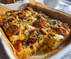 Delicious gluten-free breakfast casserole with eggs, vegetables, and cheese, perfect for a healthy morning meal.