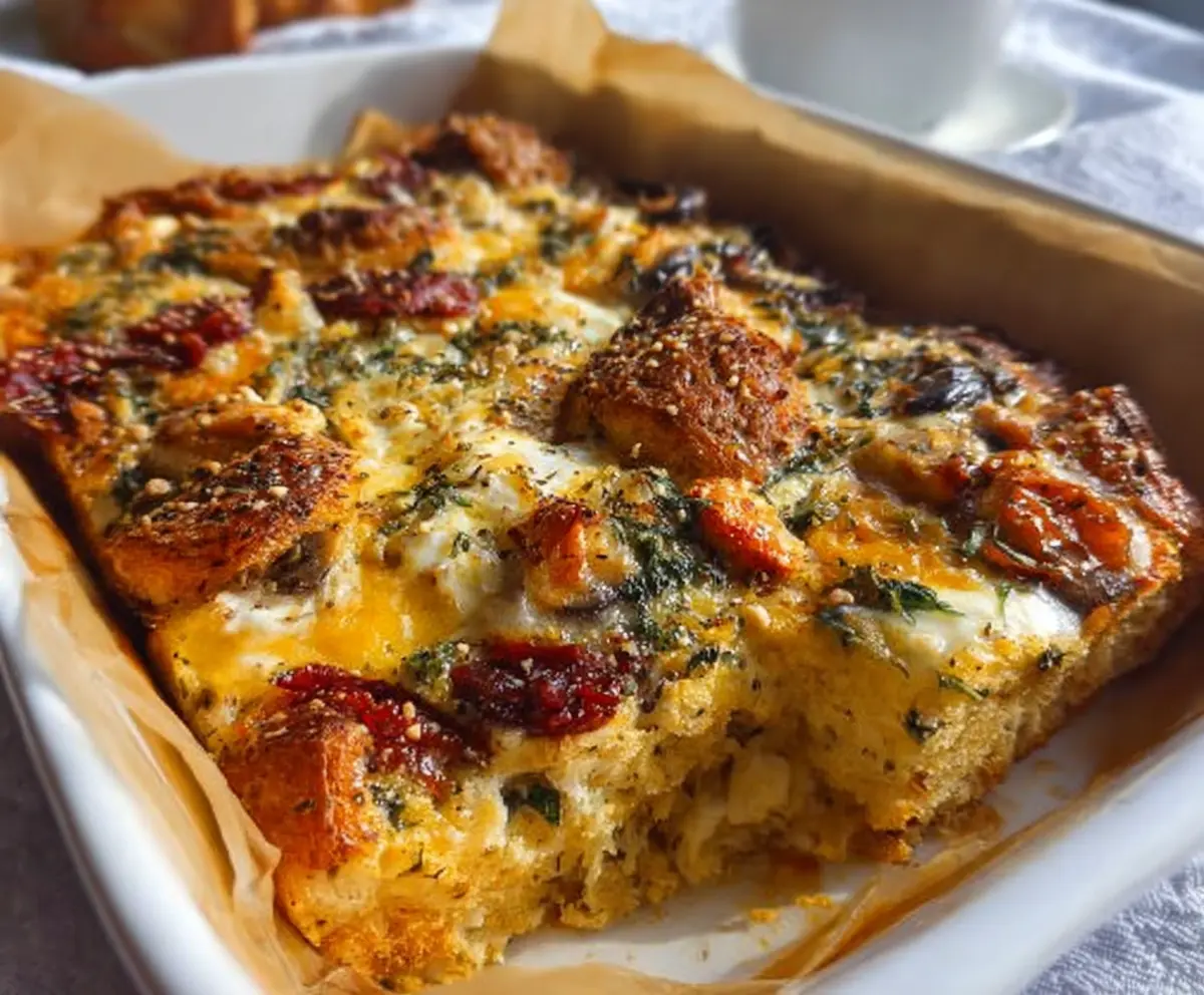 Delicious gluten-free breakfast casserole with eggs, vegetables, and cheese, perfect for a healthy morning meal.