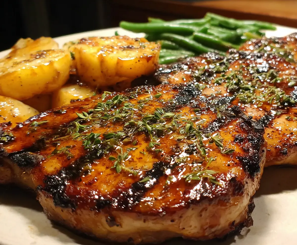 Juicy grilled pork chops glazed with brown sugar, served on a plate with garnishes.
