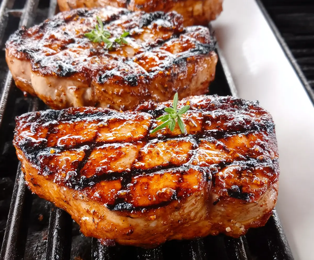 Juicy grilled pork loin chops served with herbs on a wooden cutting board.