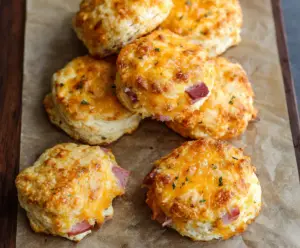 Delicious homemade ham and cheese biscuits on a rustic plate, perfect for breakfast or brunch.