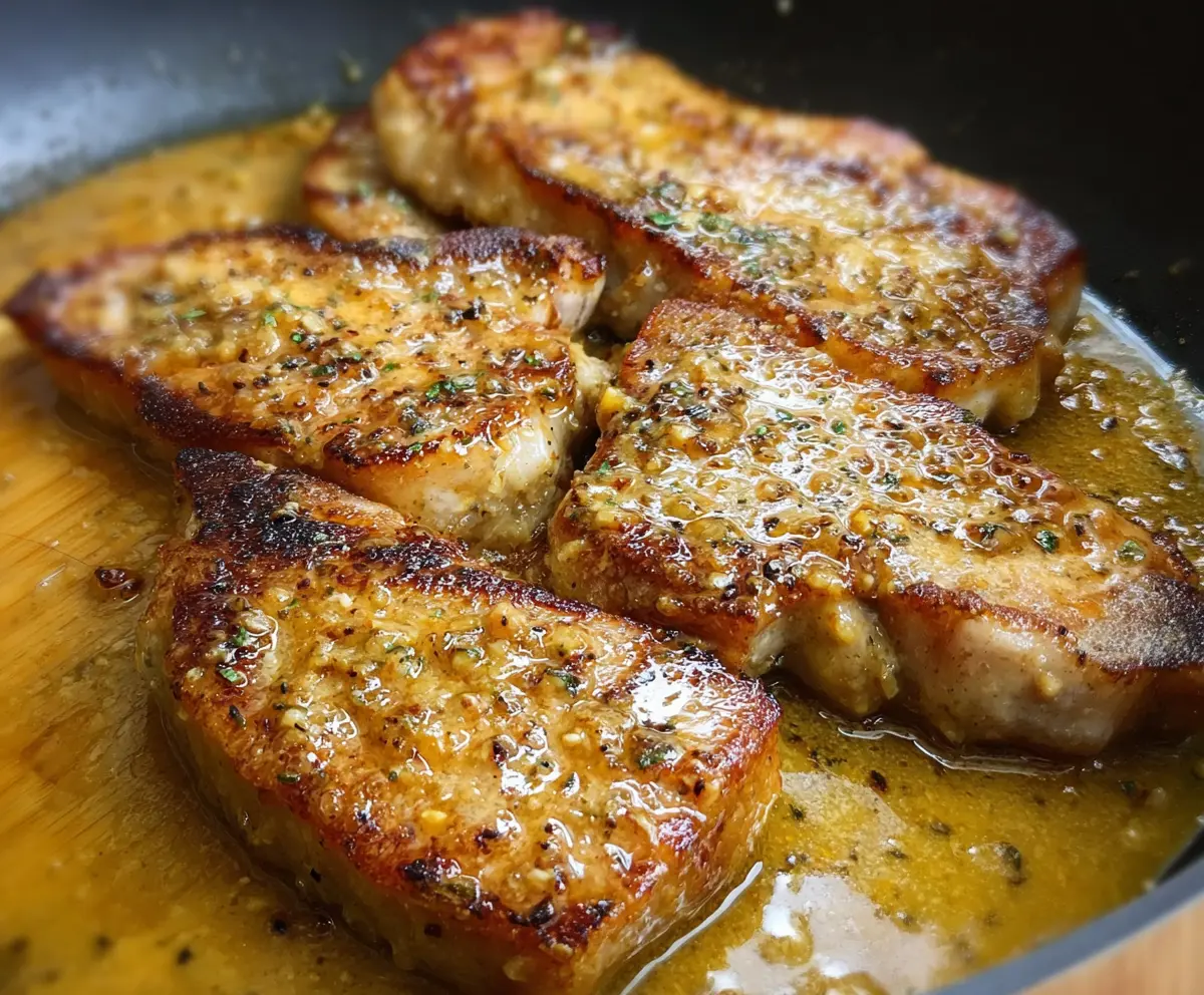 Juicy honey mustard glazed pork chops served with fresh herbs on a white plate.