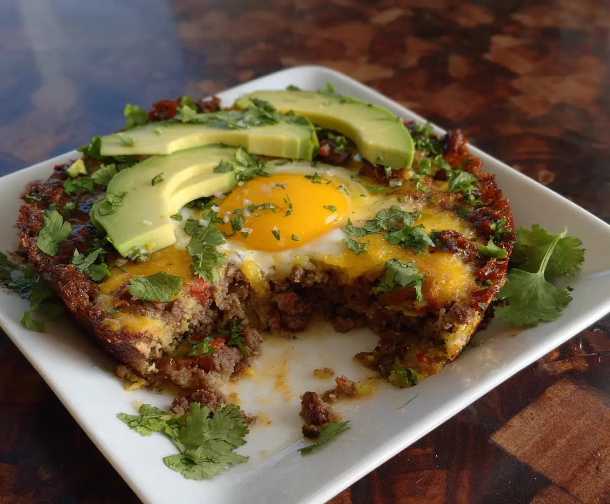 Delicious huevos rancheros breakfast casserole with melted cheese, crispy tortillas, and sunny-side-up eggs.