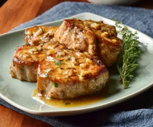 Juicy Instant Pot pork chops seasoned and cooked to perfection, served on a plate with garnish.