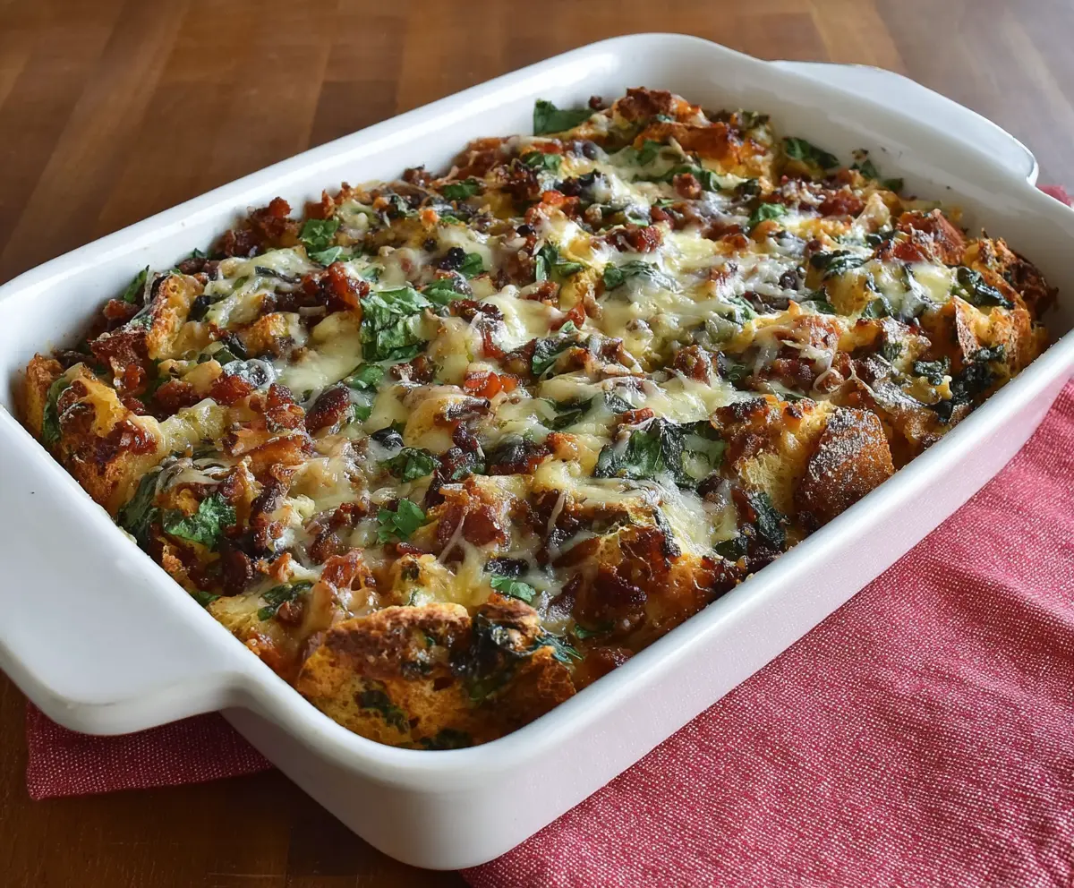 Delicious Italian Breakfast Strata with layers of cheese, ham, and fresh herbs in a baking dish.