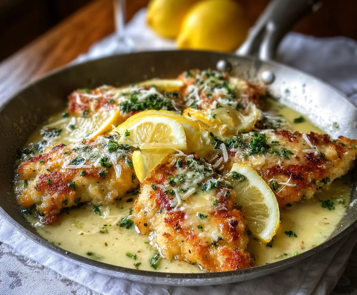 Delicious Lemon Chicken Romano served with fresh lemon slices and herbs on a white plate.