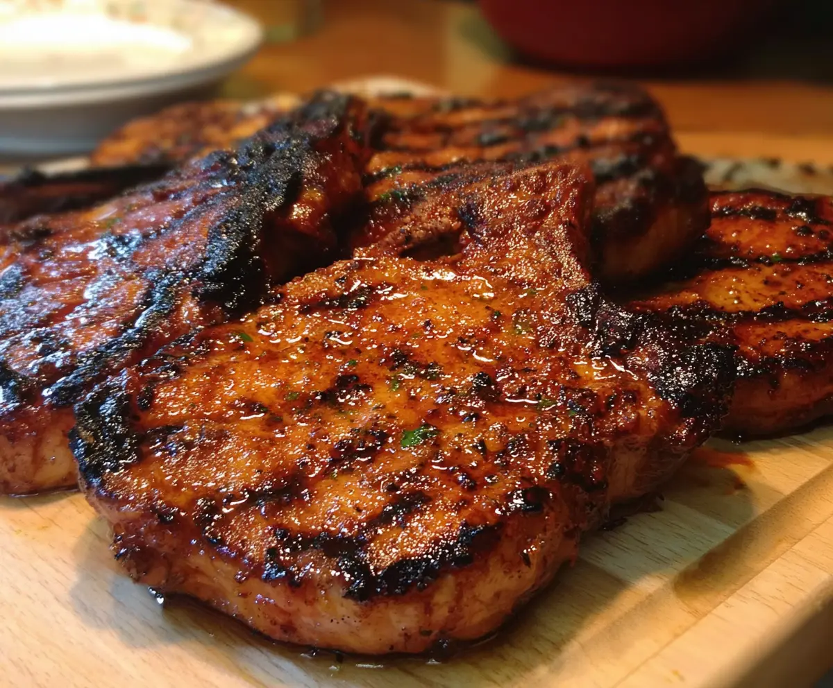 Juicy marinated spicy pork chops grilled to perfection on a plate.