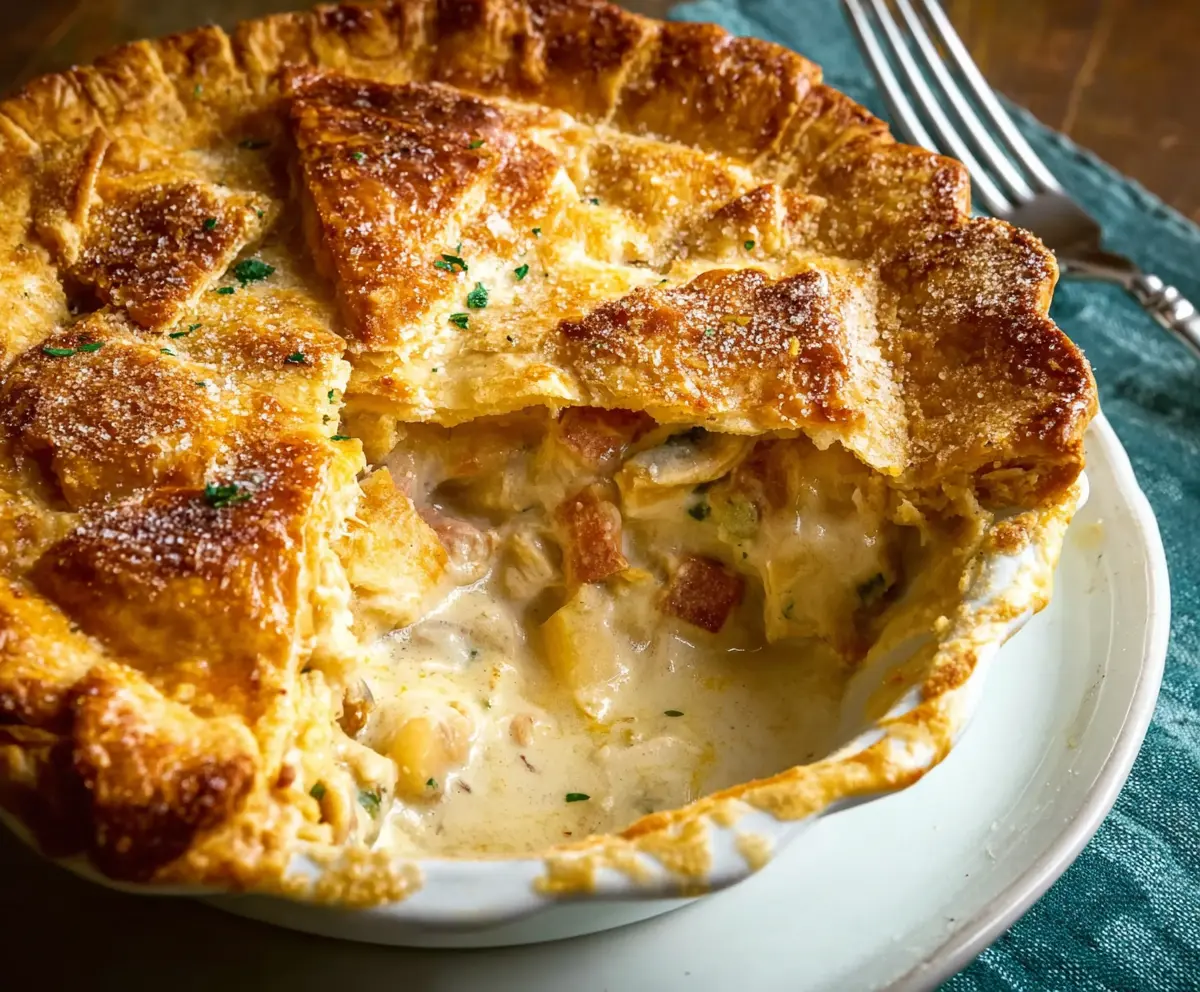 Delicious Marry Me Chicken Pot Pie with golden crust and savory filling on a rustic wooden table.