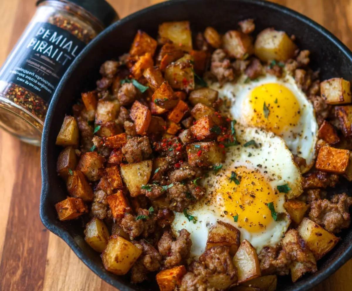 Savory meat and crispy potatoes breakfast hash served in a skillet