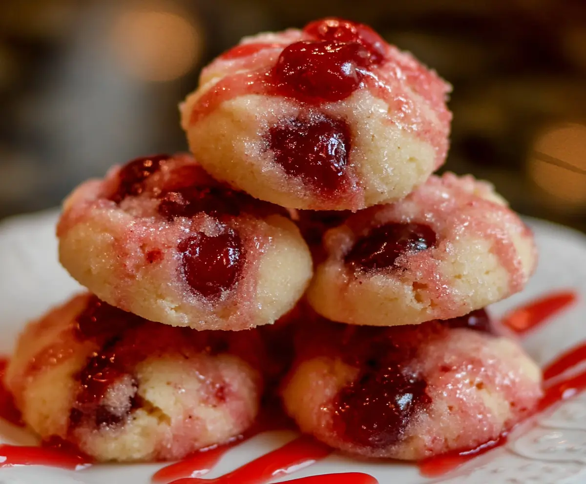 Delicious melt-in-your-mouth cherry shortbread cookies on a decorative plate.