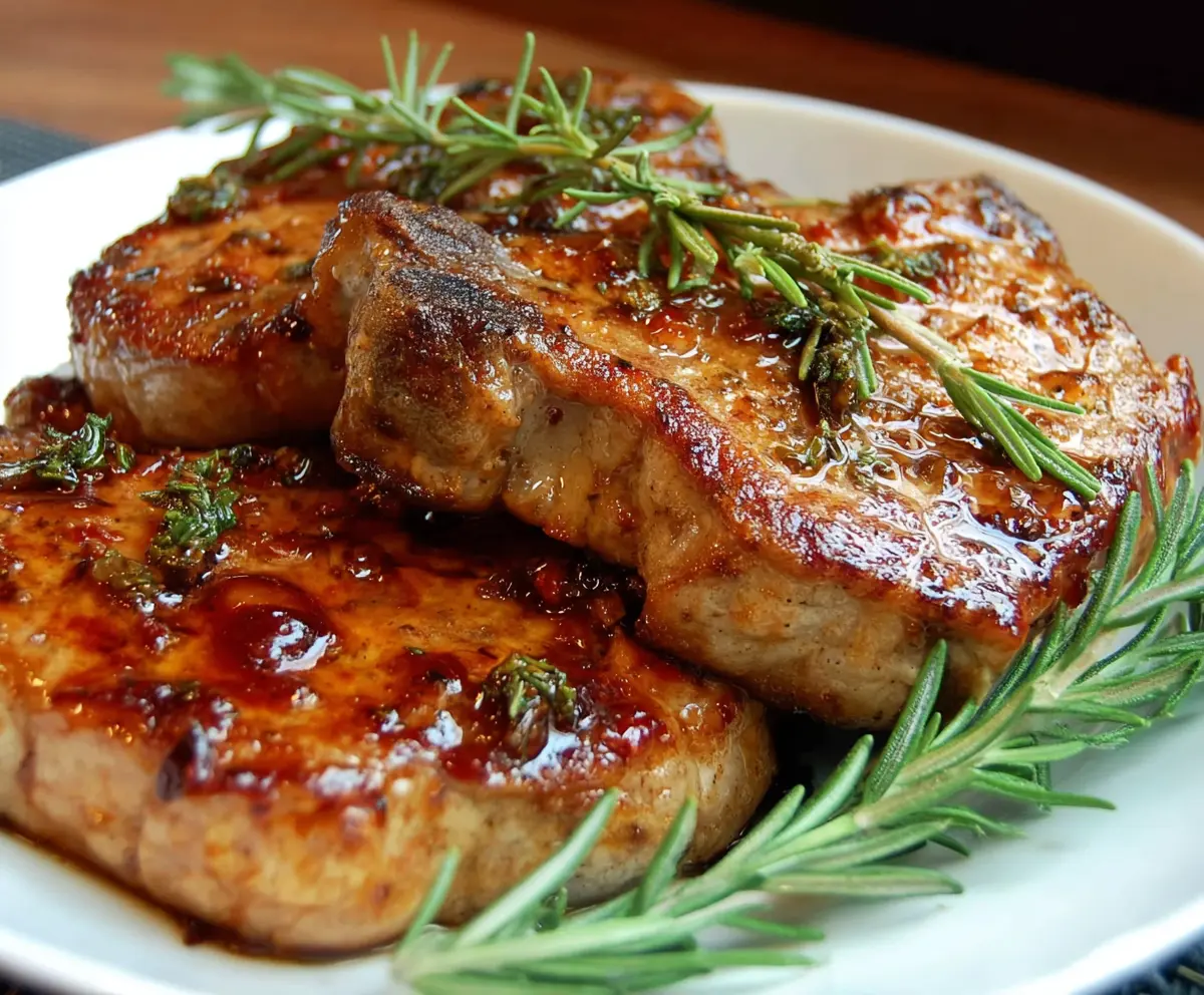 Juicy Modenese pork chops served with herbs and spices on a rustic plate
