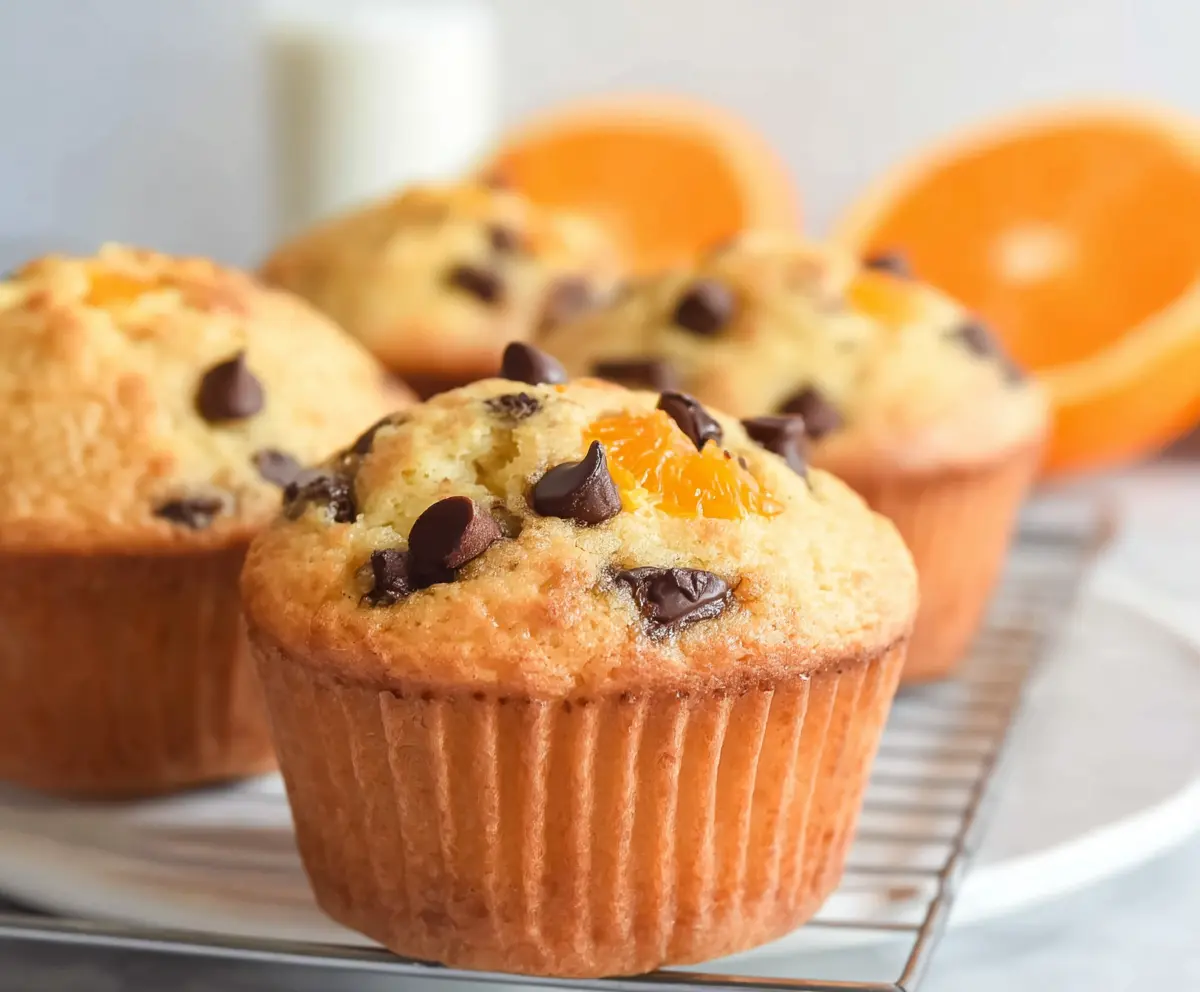 Delicious orange chocolate chip muffins fresh out of the oven with zest and melted chocolate.