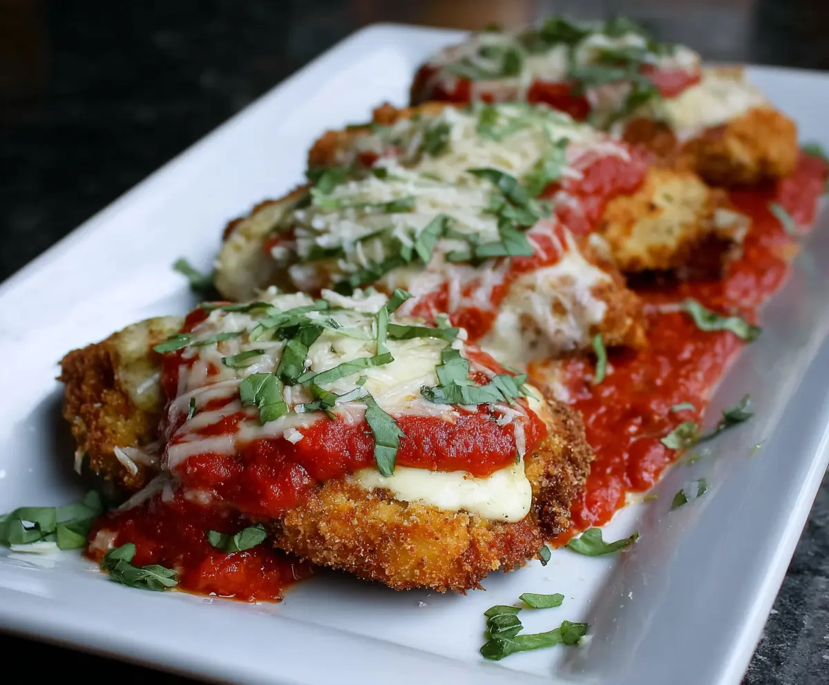 Delicious Panko-Breaded Pork Parmigiana topped with melted cheese and marinara sauce.