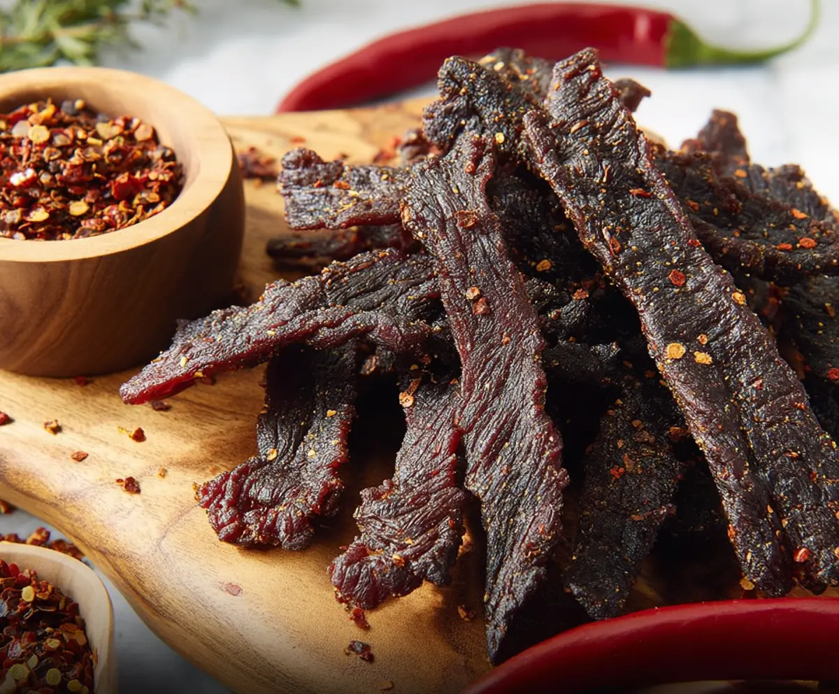 Delicious peppery beef jerky slices with a spicy and savory flavor perfect for snacks.