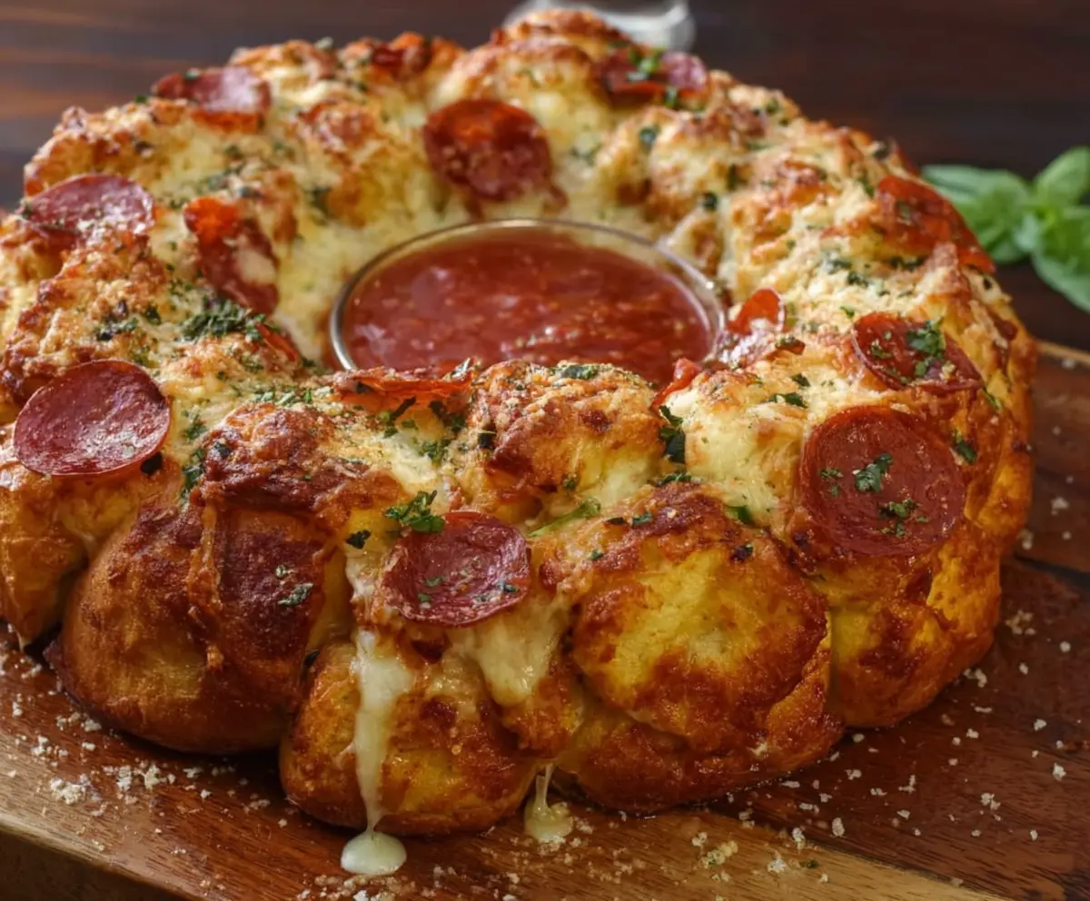 Delicious Pizza Monkey Bread topped with melted cheese and pepperoni, served hot as a savory appetizer.