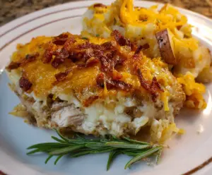 Delicious pork chop potato casserole topped with melted cheese and fresh herbs.
