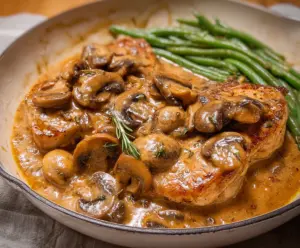 Juicy pork chops topped with a flavorful garlic mushroom sauce served on a white plate.