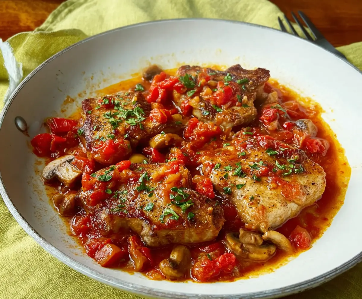 Delicious Pork Chops Italiano with herbs and cheese on a plate