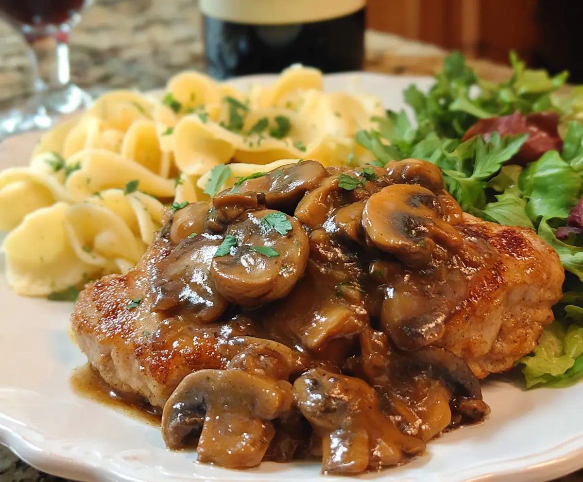 Delicious Pork Marsala served with mushrooms and herbs on a white plate.
