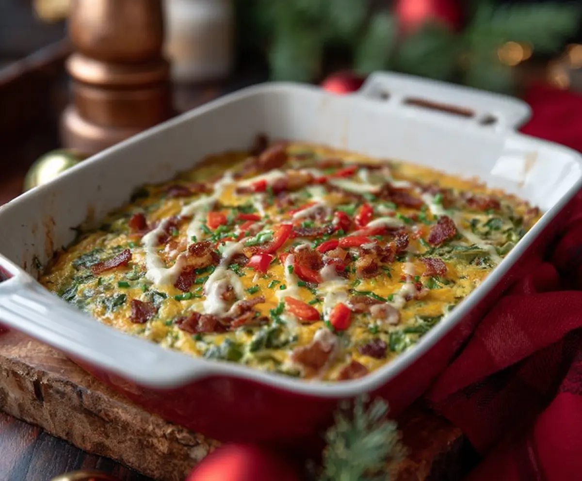 Delicious Red & Green Christmas Casserole with festive vegetables and savory toppings.