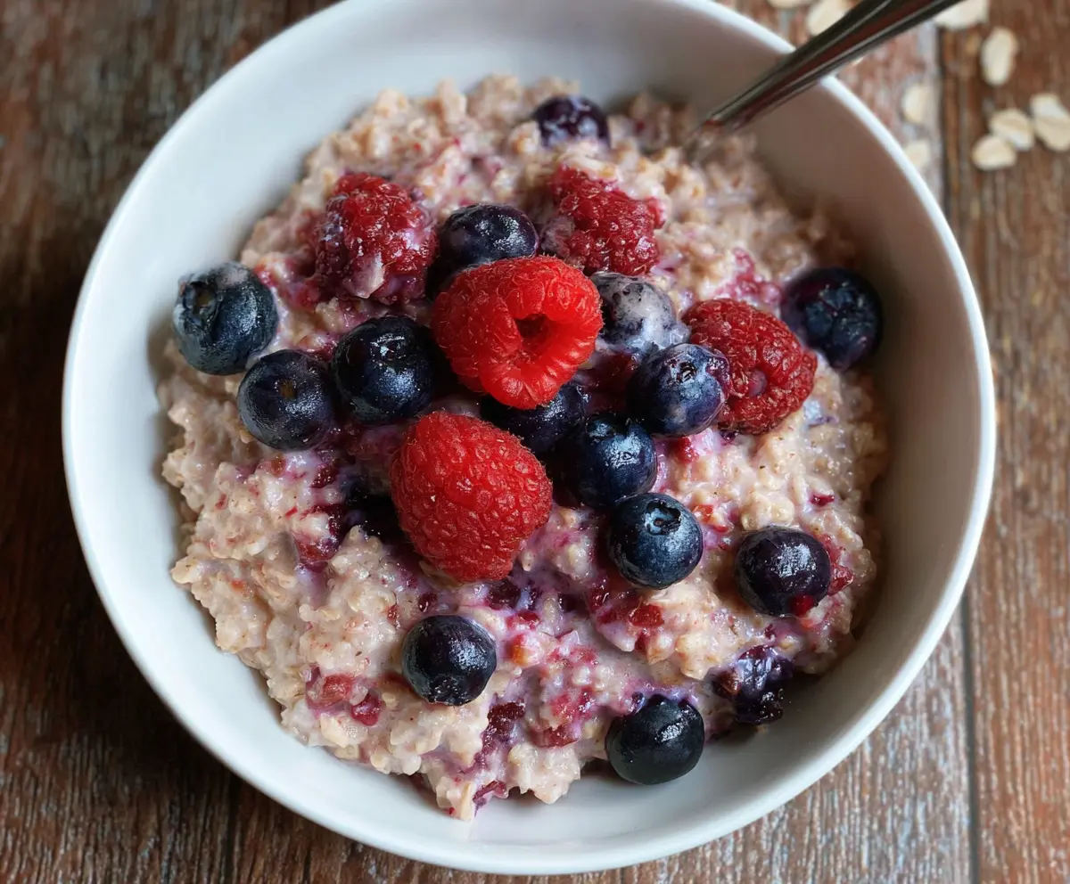 Creamy slow cooker berry oatmeal topped with fresh berries and nuts for a healthy breakfast.