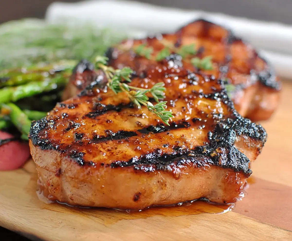 Juicy Southern Sweet Grilled Pork Chops served with grilled vegetables on a summer dinner table