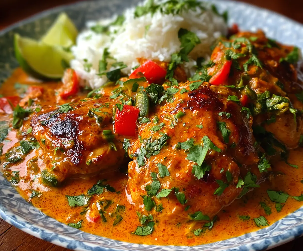 Delicious spicy Brazilian coconut chicken dish served with vibrant vegetables.