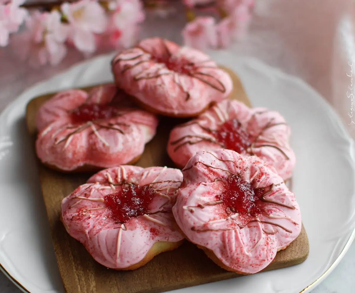 Delicious Sweet Cherry Blossom Cookies with a pink glaze and cherry blossom toppings on a decorative plate.